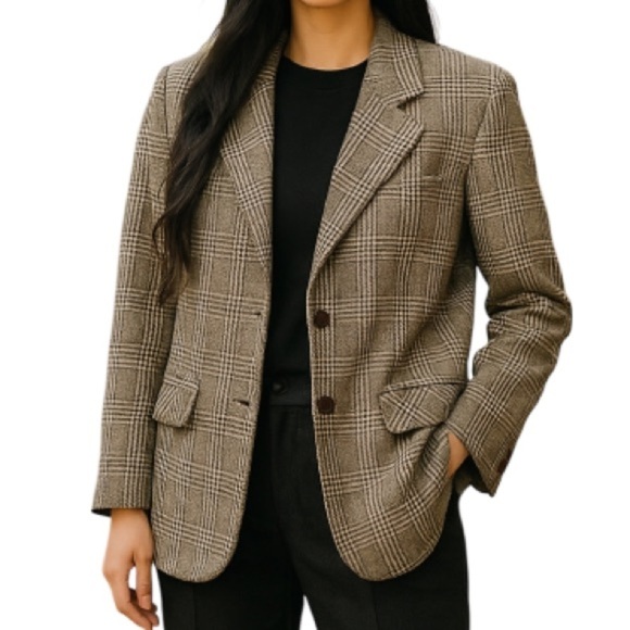 Vintage Jackets & Blazers - VINTAGE 90s Zig Zag Wool Blend Blazer Houndstooth Plaid Padded Shoulders Boxy 6